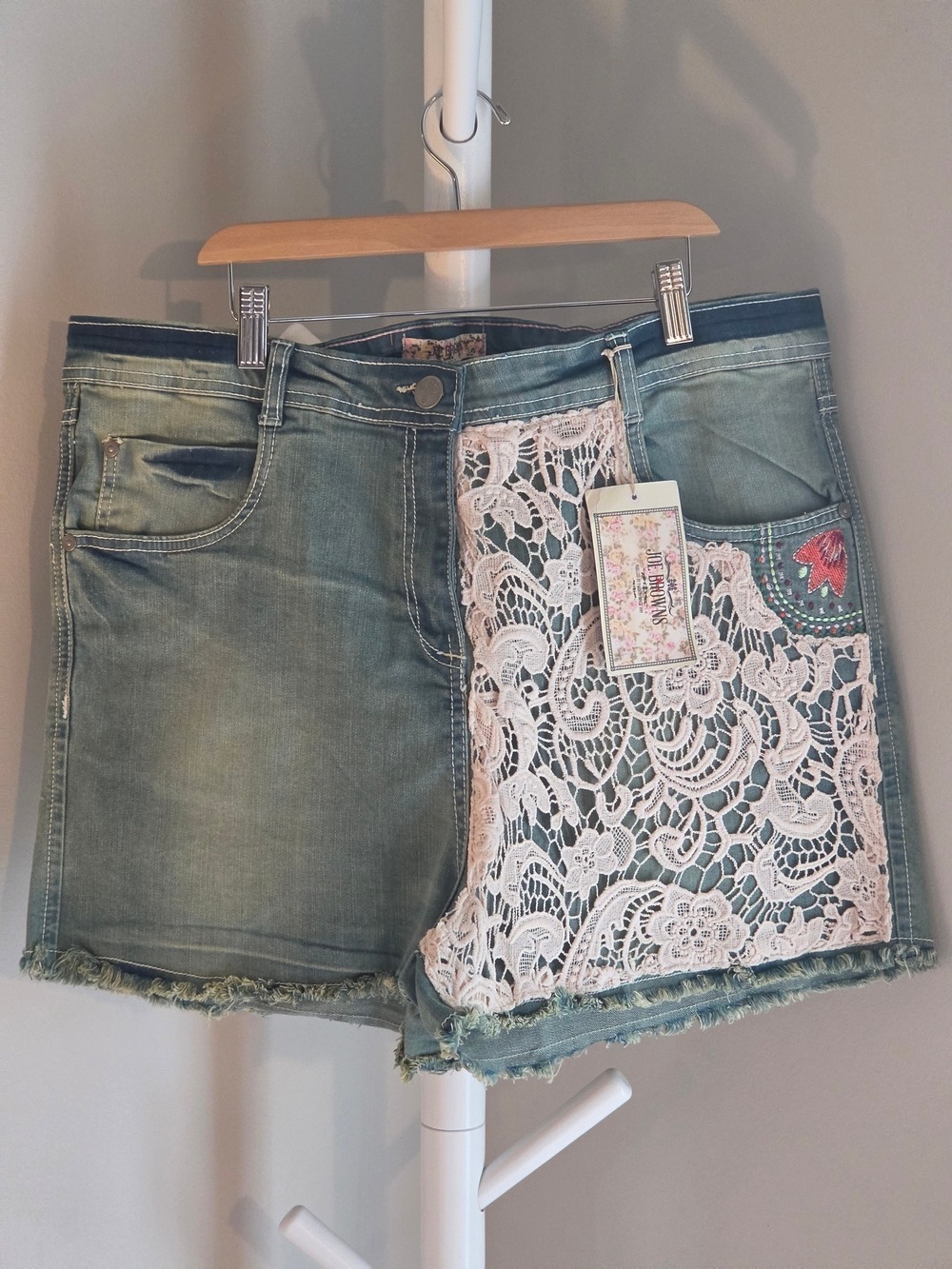 Joe Browns Green Denim Shorts with White Lace Panel